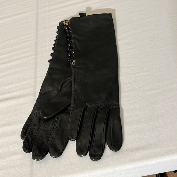 Bananna Republic long Black leather gloves silk leopard lining 8 buttons - Picture 11 of 13